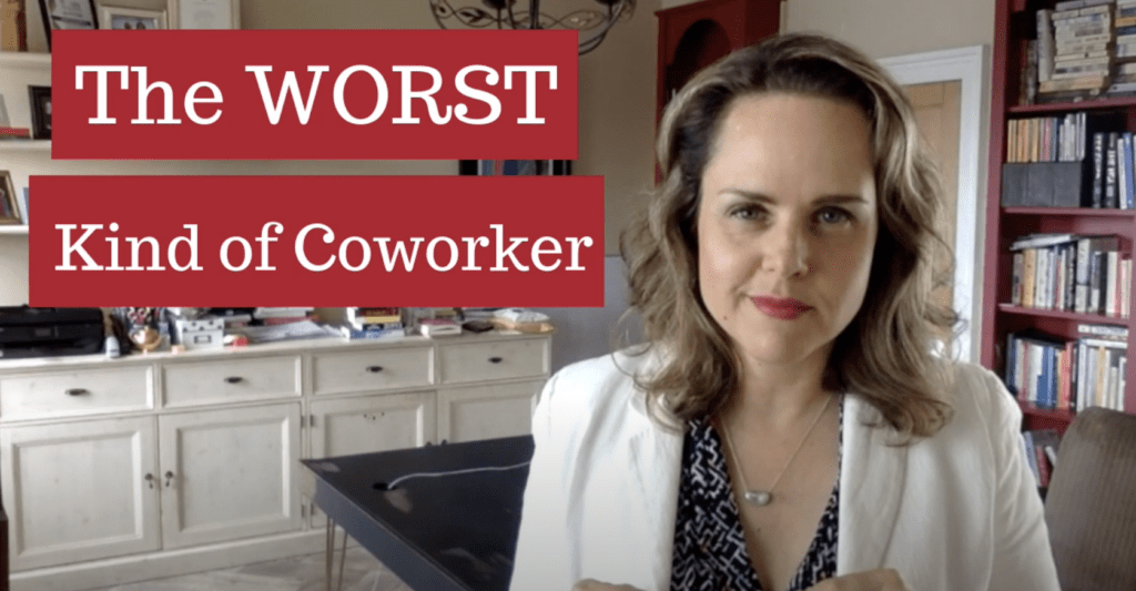 Dr Suzanne Doyle-Morris beside white text in a red box that reads "the WORST kind of coworker"