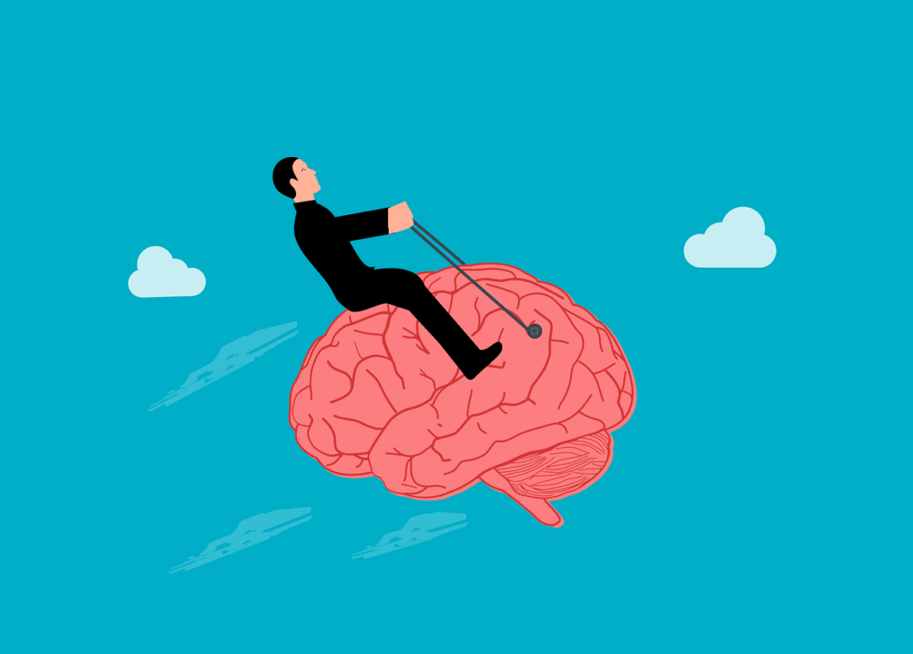 cartoon style man sat astride anatomical brain, attempting to control it