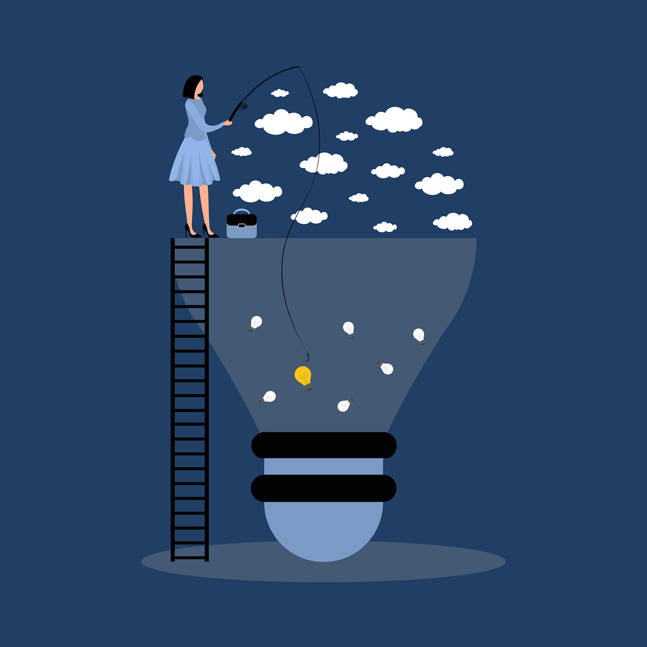 graphic of a woman stood atop a lader fishing in a lightbulb